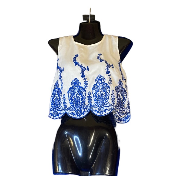 Tobi Tops - White crop to with embroidered blue design